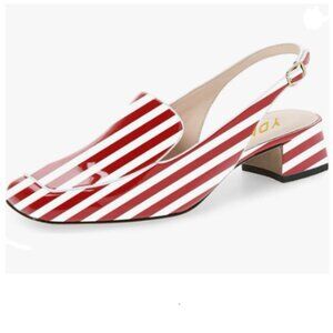YDN Red Stripe Square Toe Block Low Heels Slingback Formal Loafer Dressy Shoes